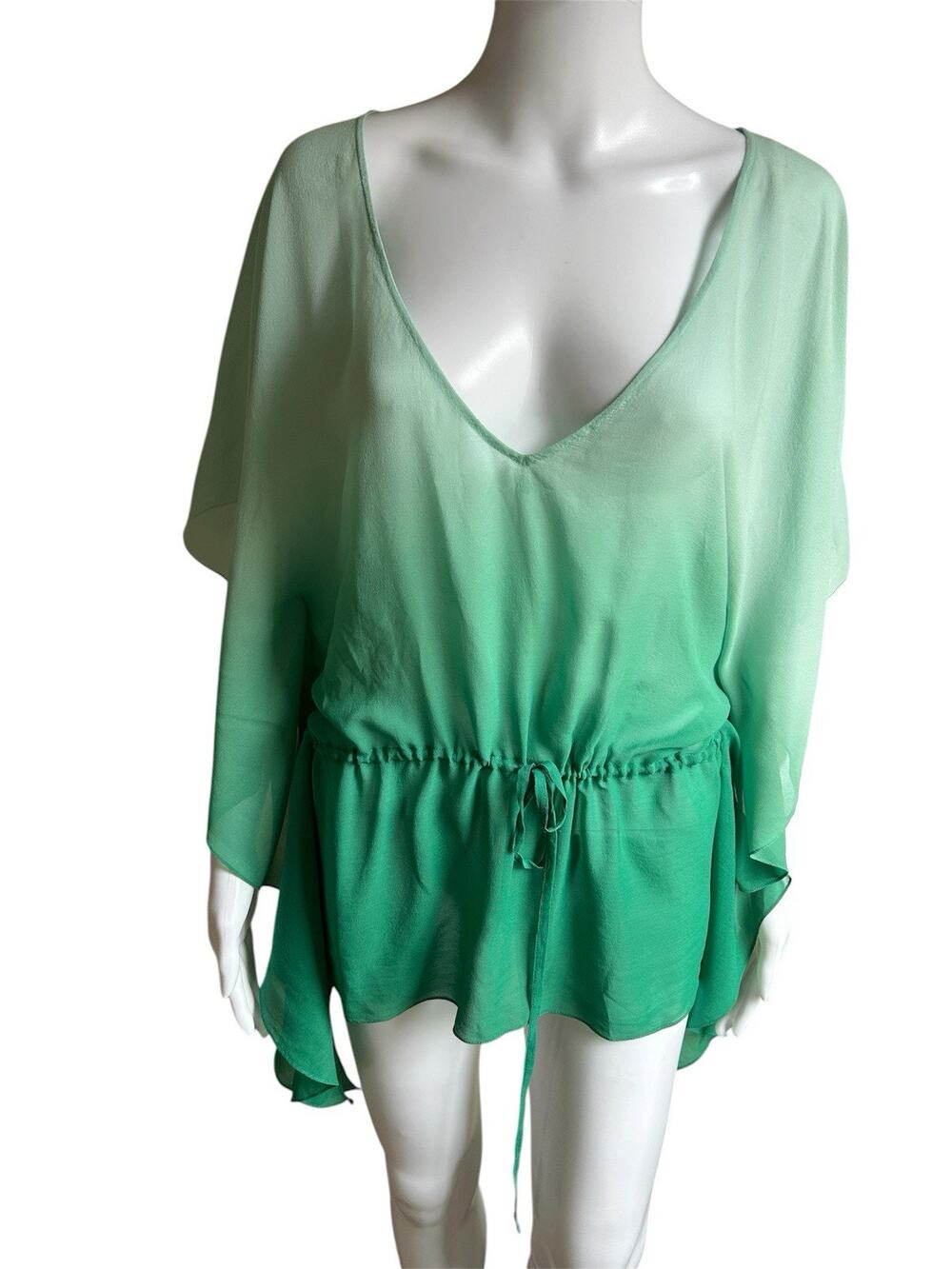 Haute Hippie 100% Silk Tunic Blouse Womens M Green Ombre Sheer Boho Resort Top